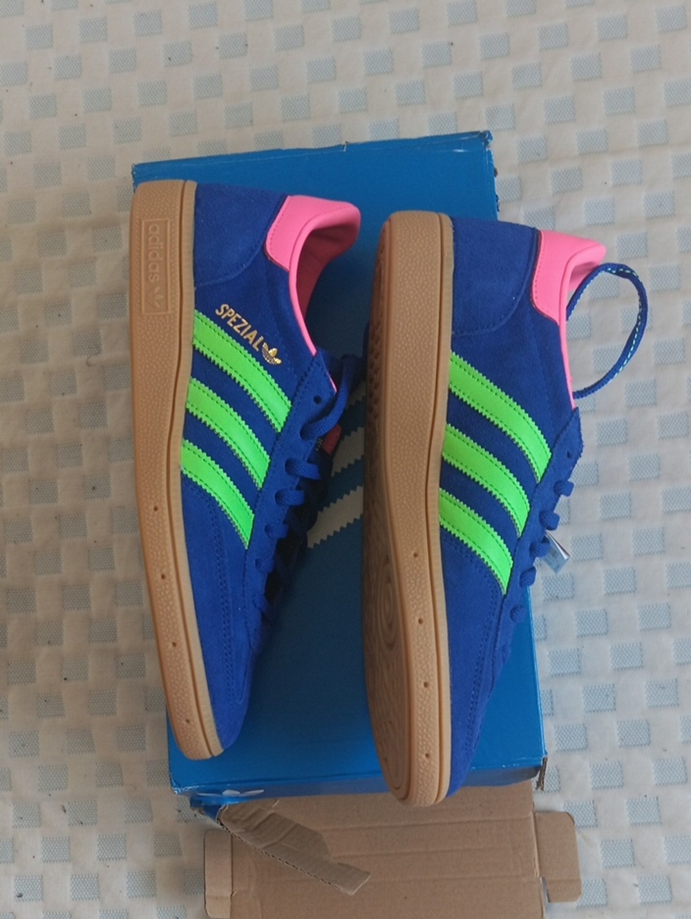 adidas Women's Blue Suede Sneakers with Neon Green Stripes and Pink Accents